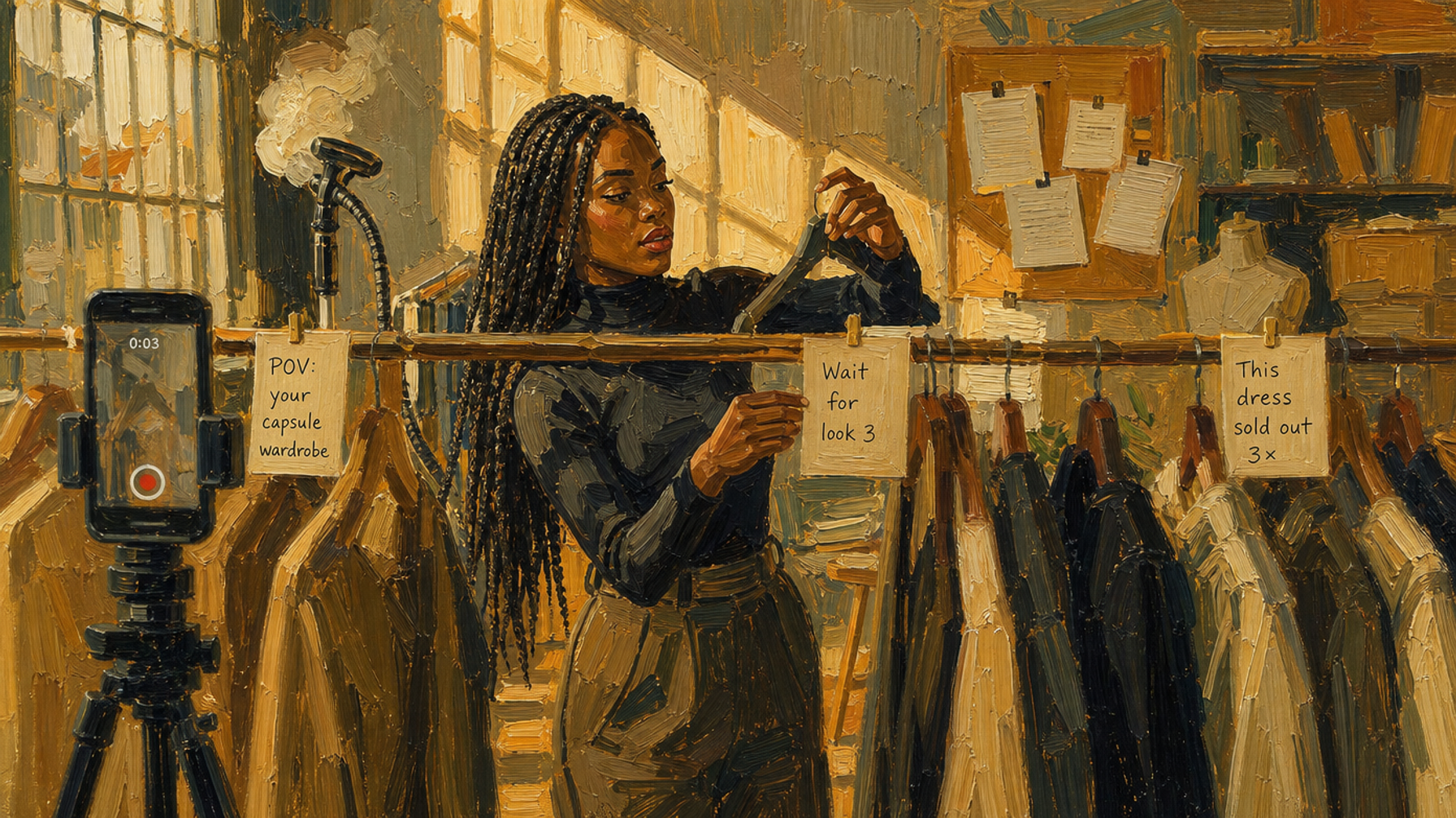 Painted illustration of a woman hanging clothes on a rail labelled with hook cards, a phone on a tripod filming her