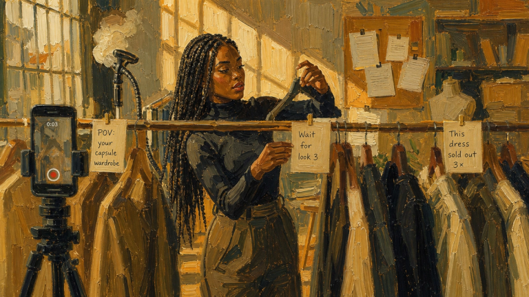 Painted illustration of a woman hanging clothes on a rail labelled with hook cards, a phone on a tripod filming her