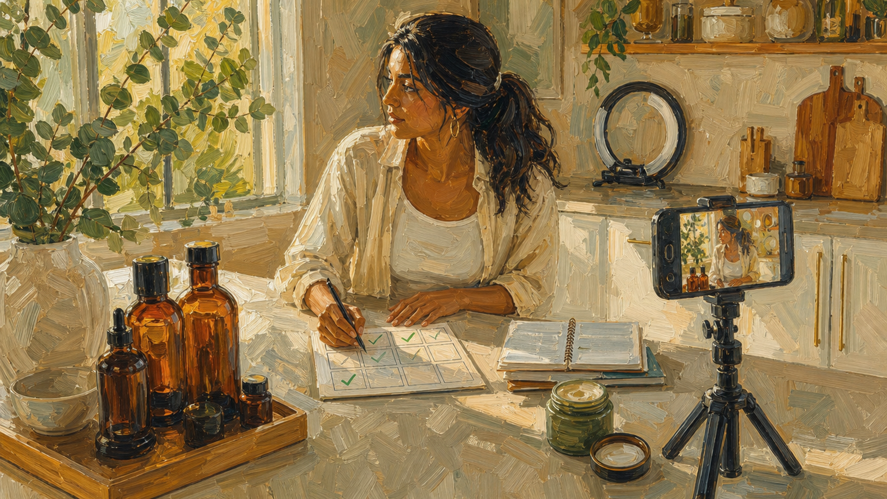 Painted illustration of a woman ticking off a grid at a kitchen table, skincare bottles beside her and a phone on a tripod filming