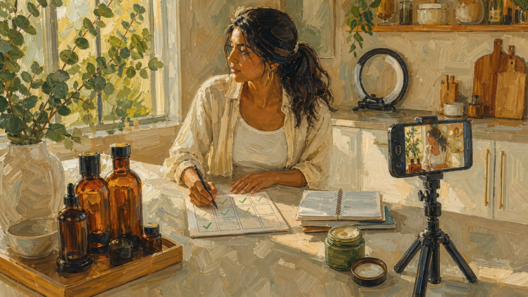 Painted illustration of a woman ticking off a grid at a kitchen table, skincare bottles beside her and a phone on a tripod filming