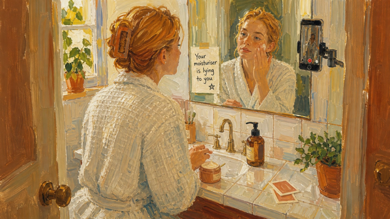 Painted illustration of a woman applying moisturiser at a bathroom mirror while a phone on a stand films her