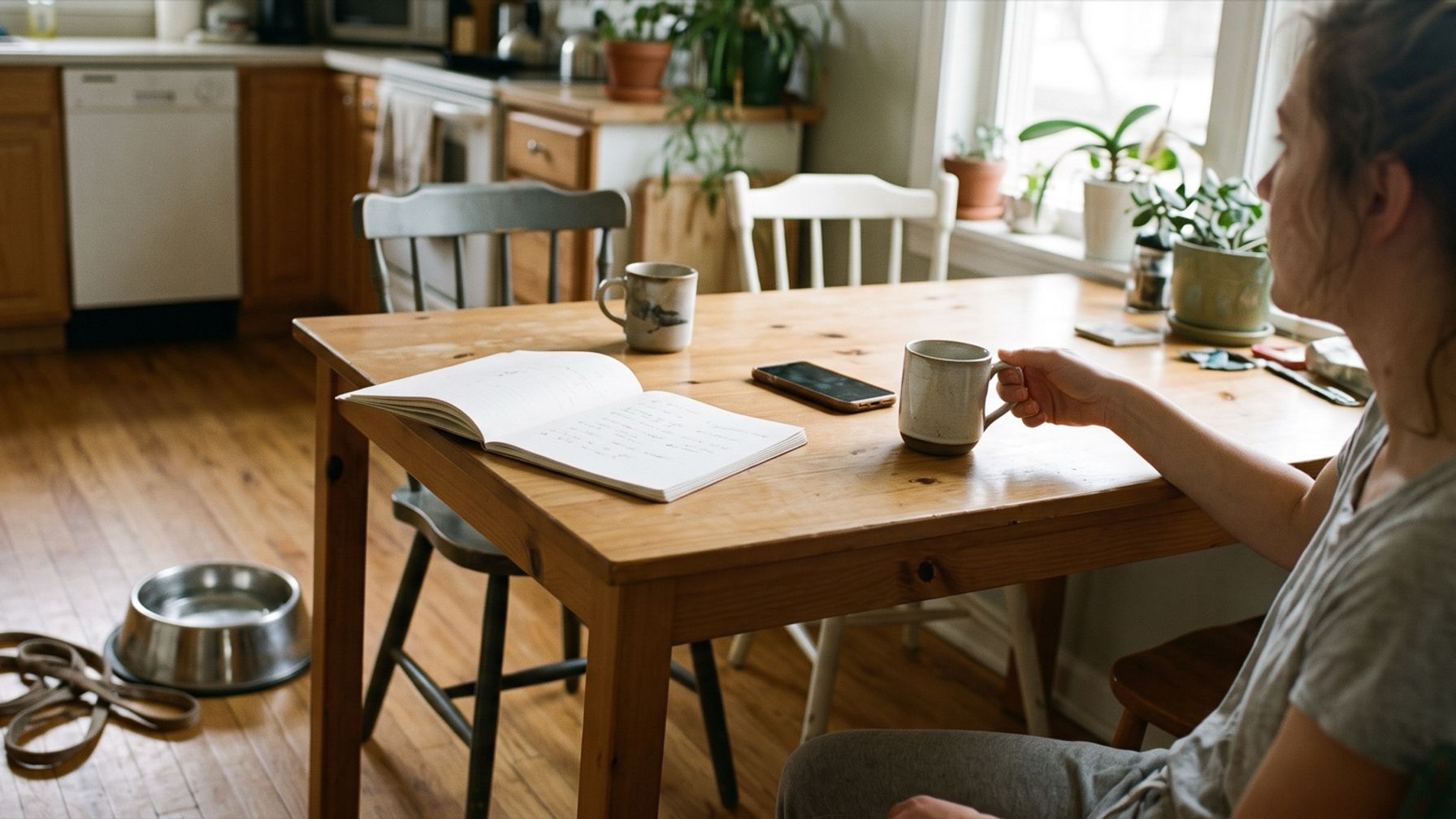 A woman at a kitchen table with an open notebook, a phone and two mugs, and a dog leash and a steel water bowl on the floor