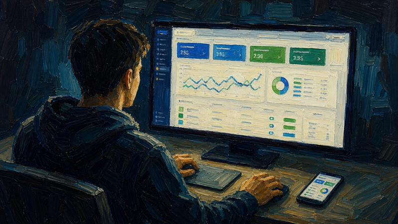 Painted illustration of a person at a large monitor at night reviewing a dashboard of metric cards, charts and a donut graph