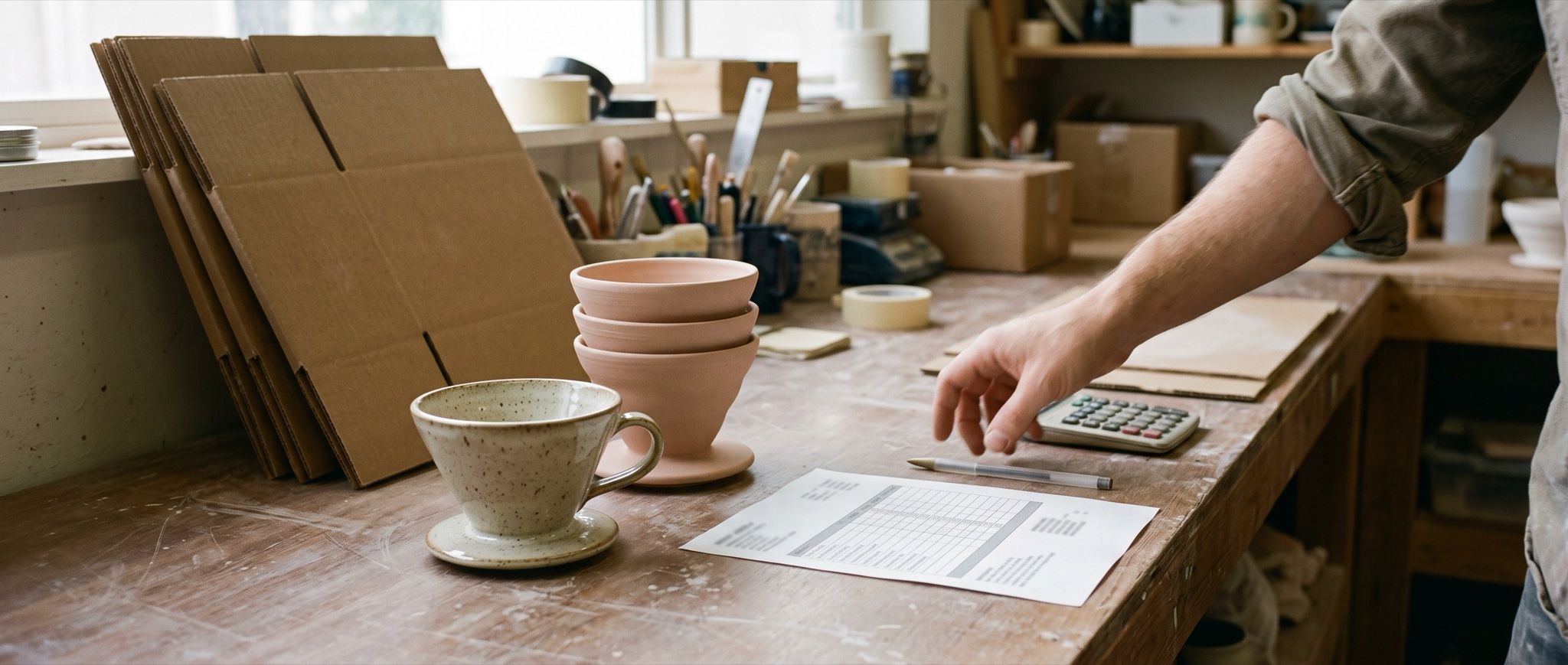 A ceramic coffee dripper beside a stack of unglazed ones on a workbench, with flat shipping cartons, a calculator and a printed quote
