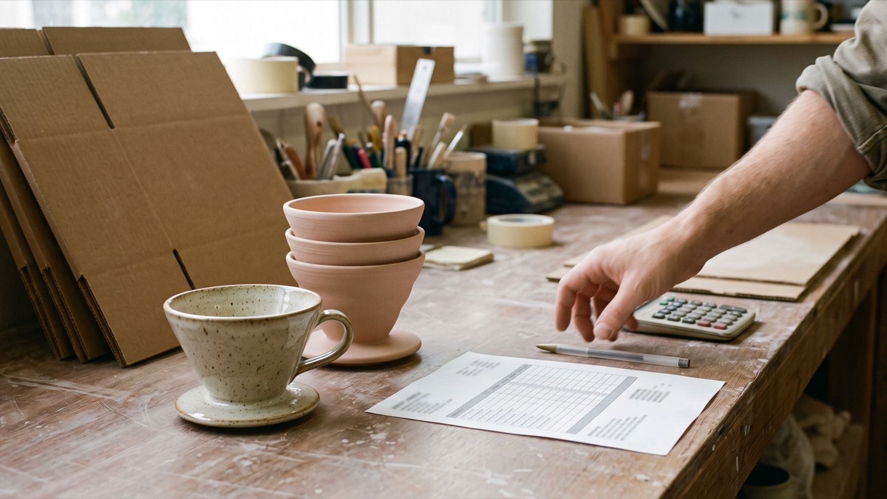A ceramic coffee dripper beside a stack of unglazed ones on a workbench, with flat shipping cartons, a calculator and a printed quote