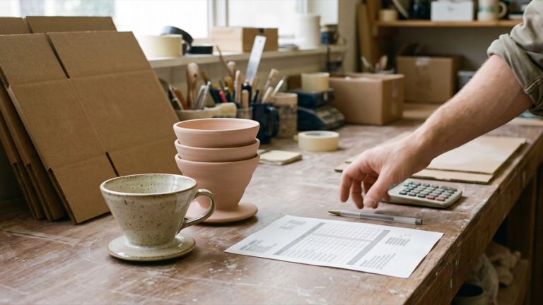 A ceramic coffee dripper beside a stack of unglazed ones on a workbench, with flat shipping cartons, a calculator and a printed quote