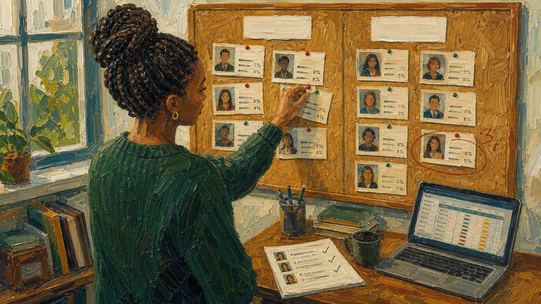 Painted illustration of a woman pinning creator profile cards to a corkboard, one circled in red, a spreadsheet open on her laptop