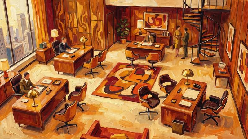 Painted illustration of a grand 1960s corner office with a spiral staircase and a patterned rug