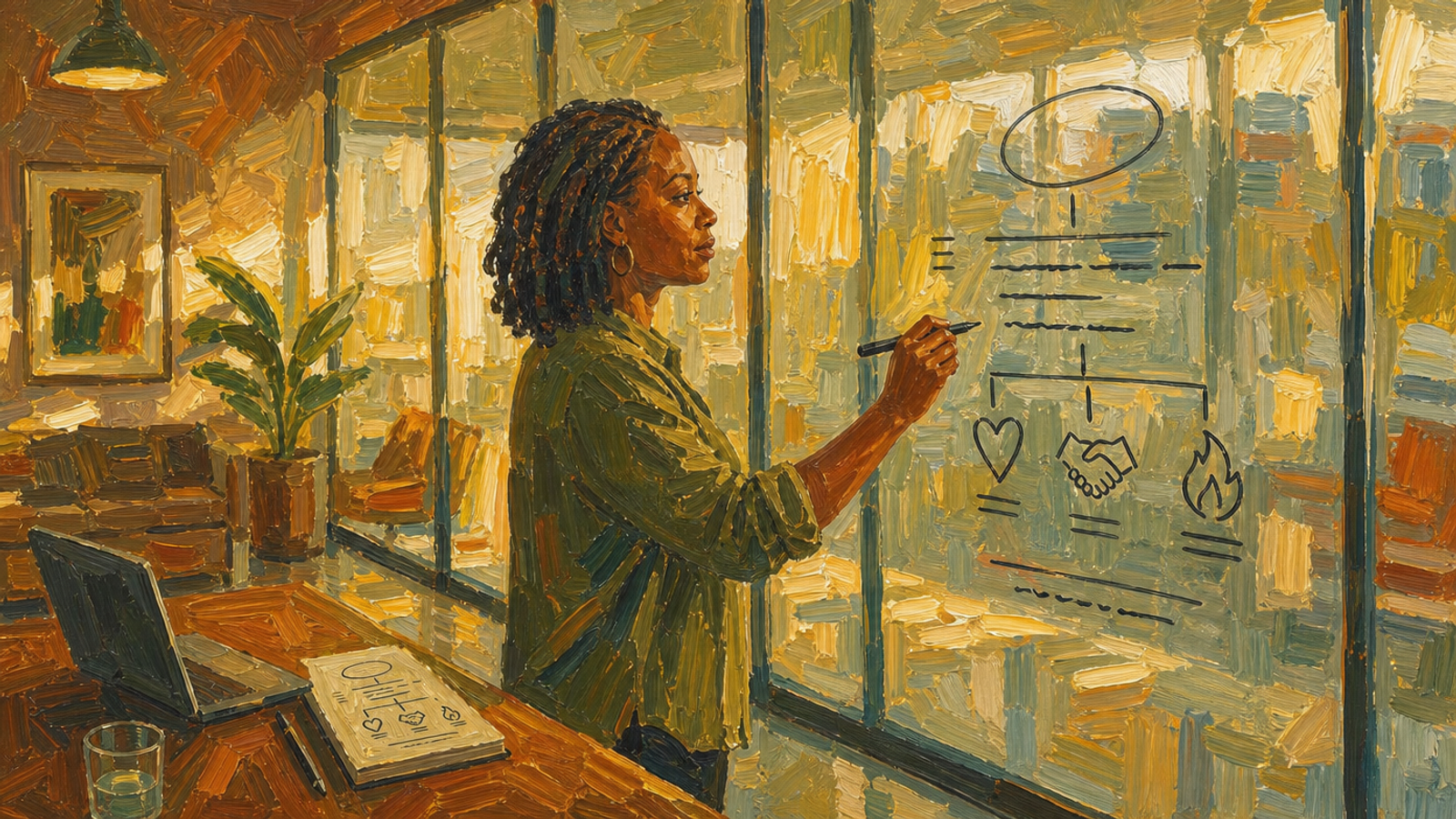 Painted illustration of a woman writing on a glass office wall, mapping lines under heart, handshake and flame icons