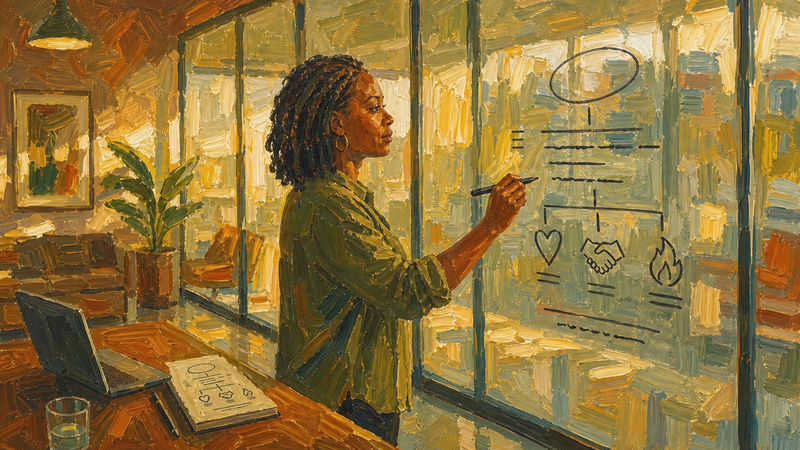 Painted illustration of a woman writing on a glass office wall, mapping lines under heart, handshake and flame icons
