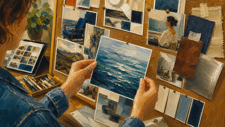 Painted illustration of hands holding a seascape print in front of a mood board of photos and fabric swatches