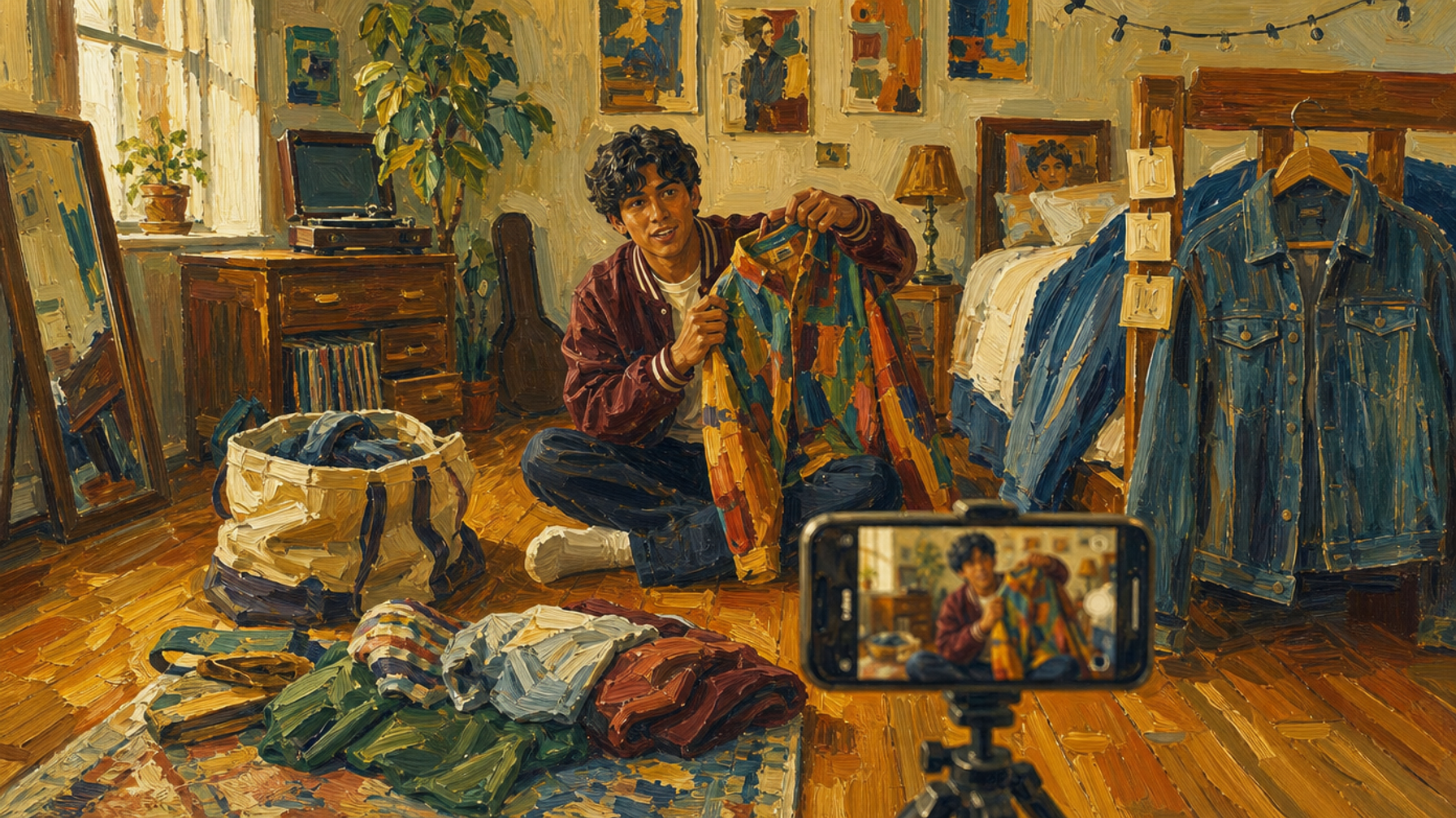 Painted illustration of a man on his bedroom floor holding up a patchwork jacket to a phone on a tripod
