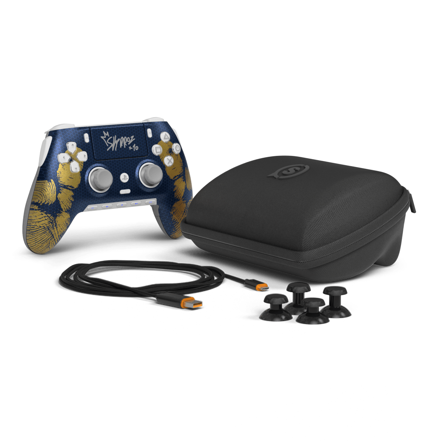 SCUF Omega Skyrroz with its carry case, cable, dongle and spare thumbsticks