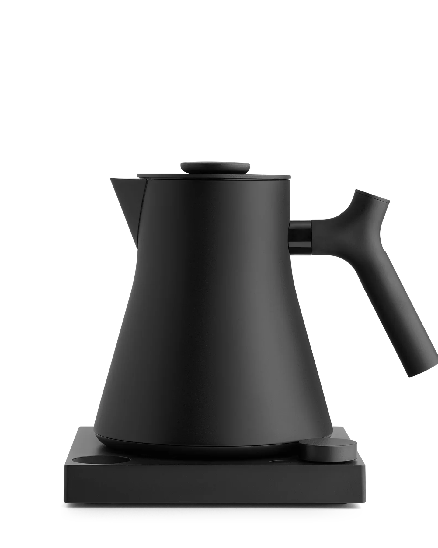 Fellow Corvo EKG Pro electric kettle in matte black on its base, side view