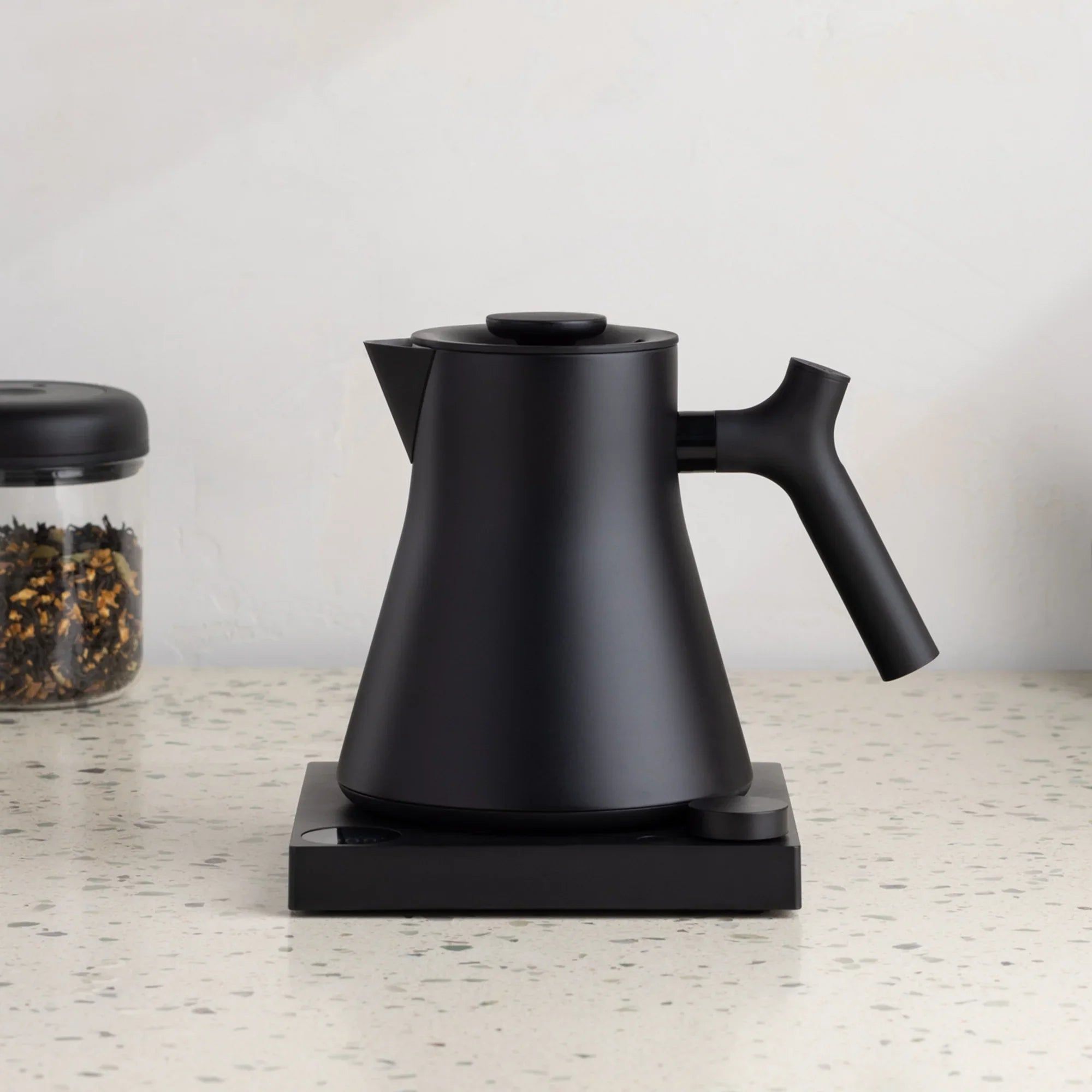 Matte black Corvo EKG Pro kettle on a kitchen counter