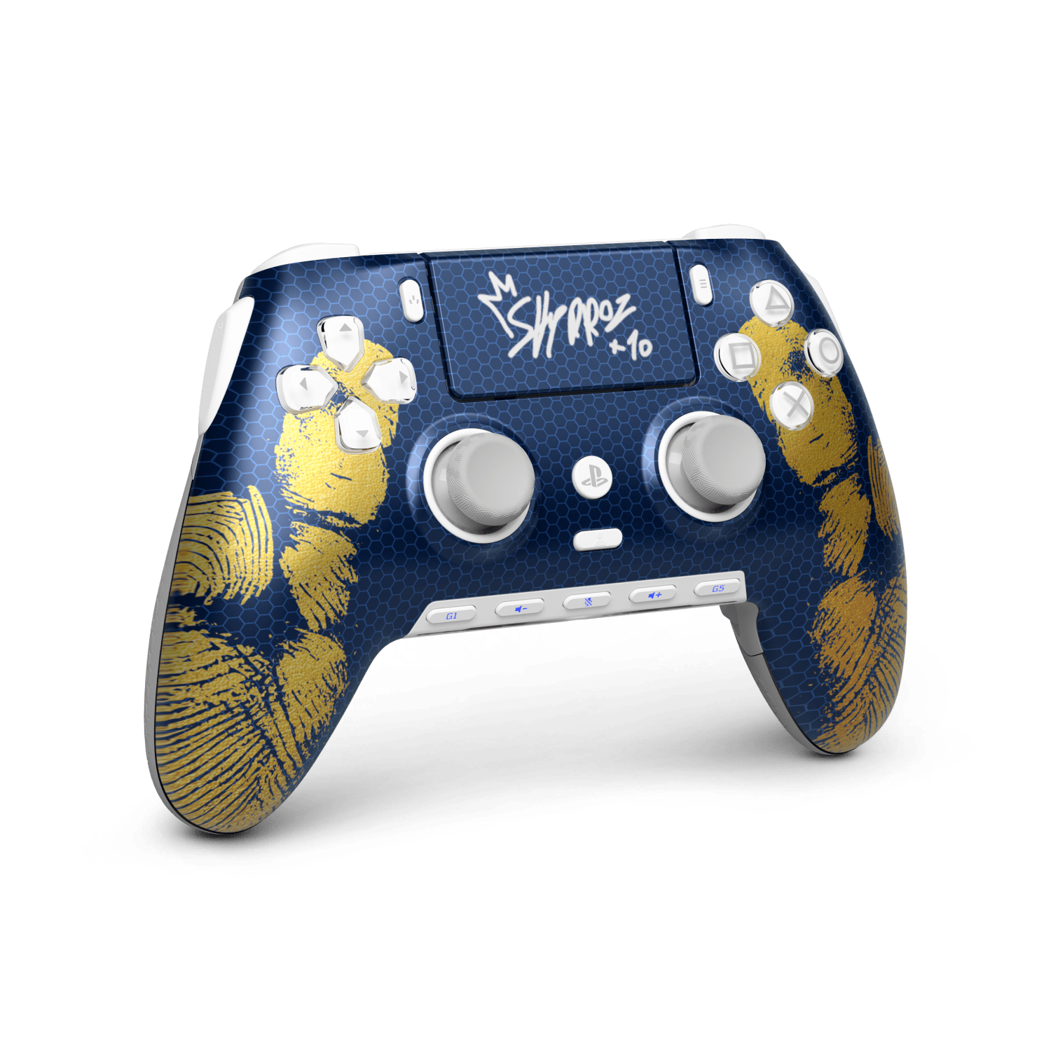 Three-quarter view of the navy and gold SCUF Omega Skyrroz controller