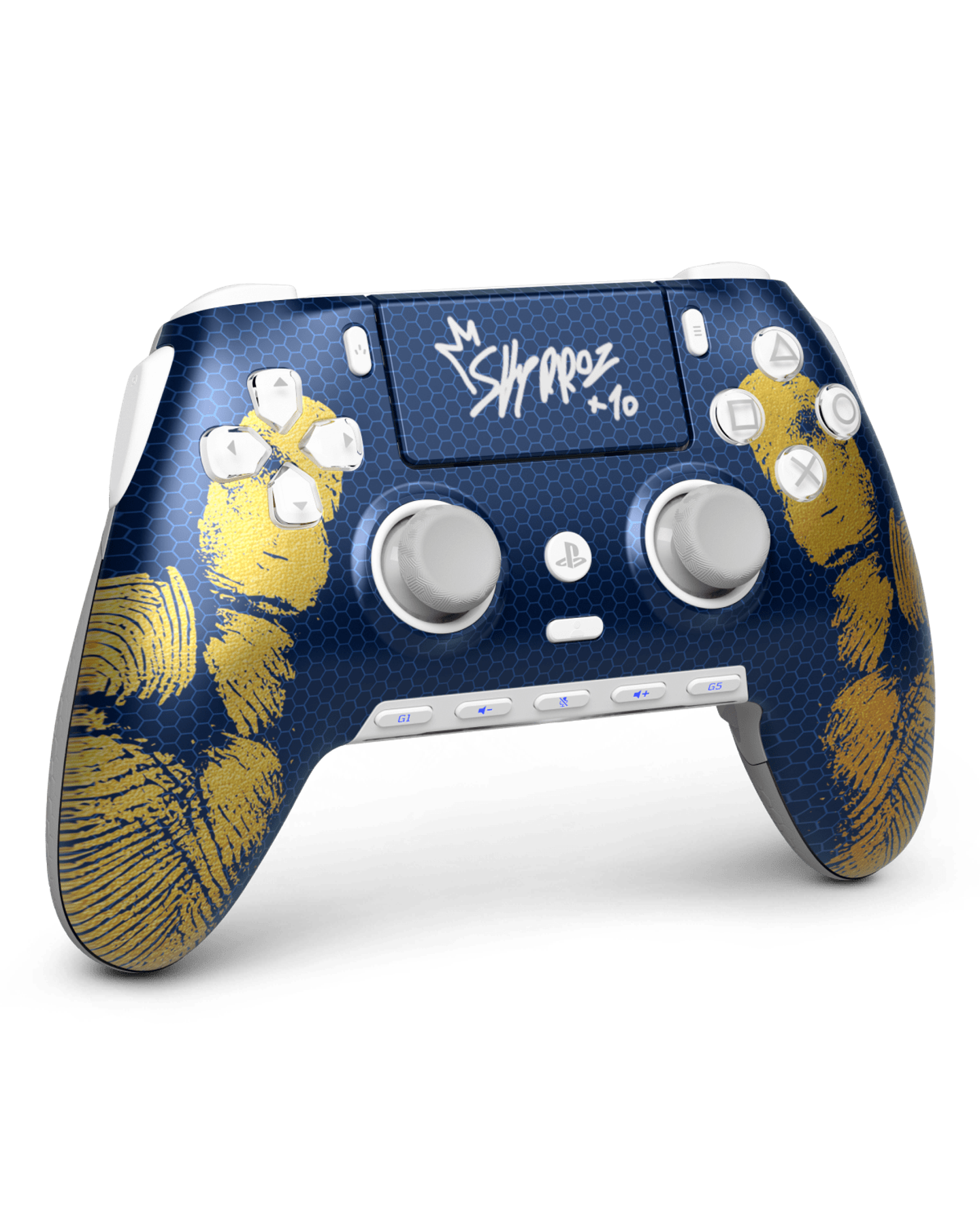 Three-quarter view of the navy and gold SCUF Omega Skyrroz controller