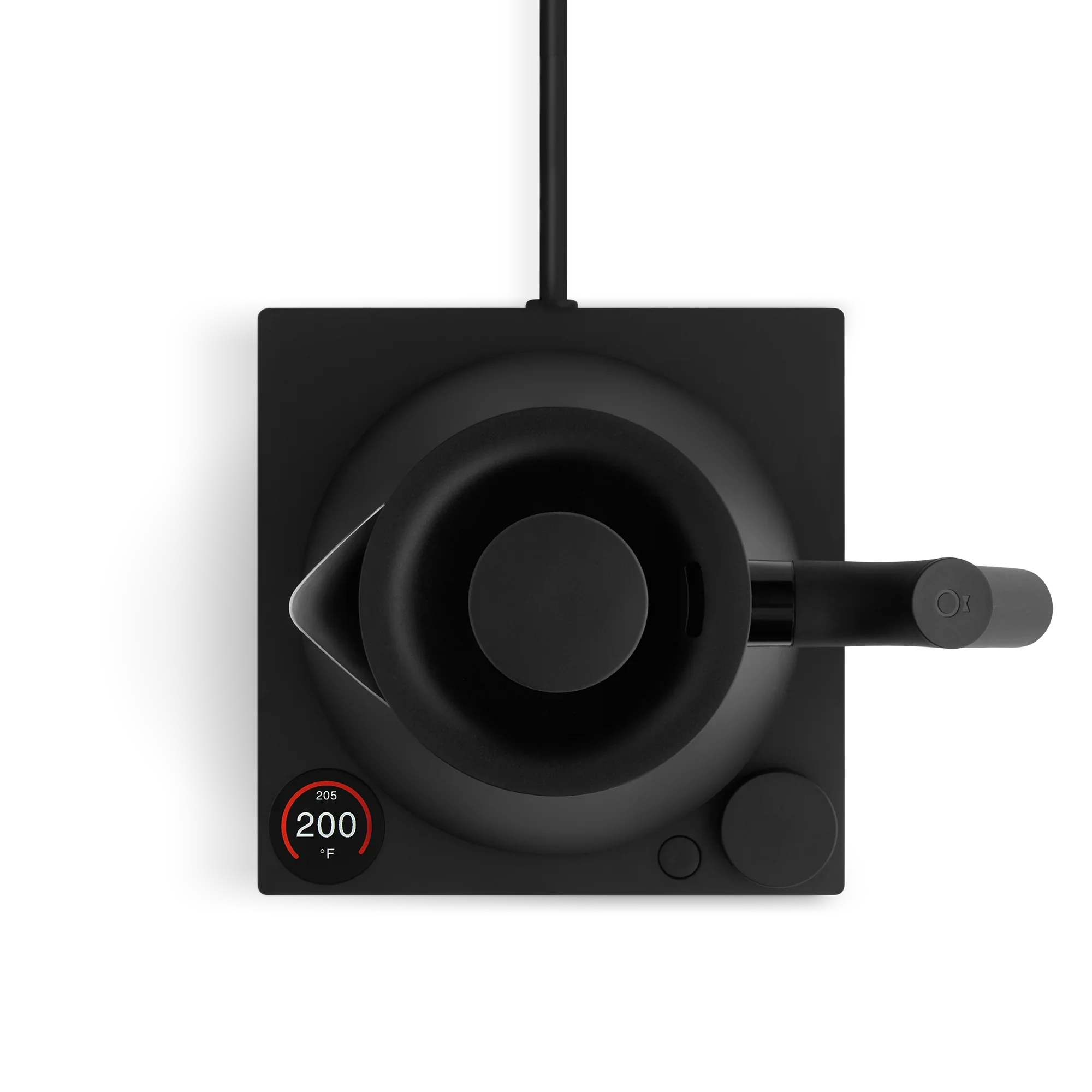 Overhead view of the black Corvo EKG Pro base with its color screen and dial