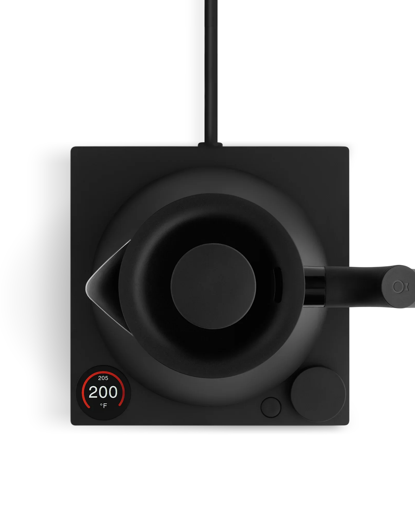 Overhead view of the black Corvo EKG Pro base with its color screen and dial