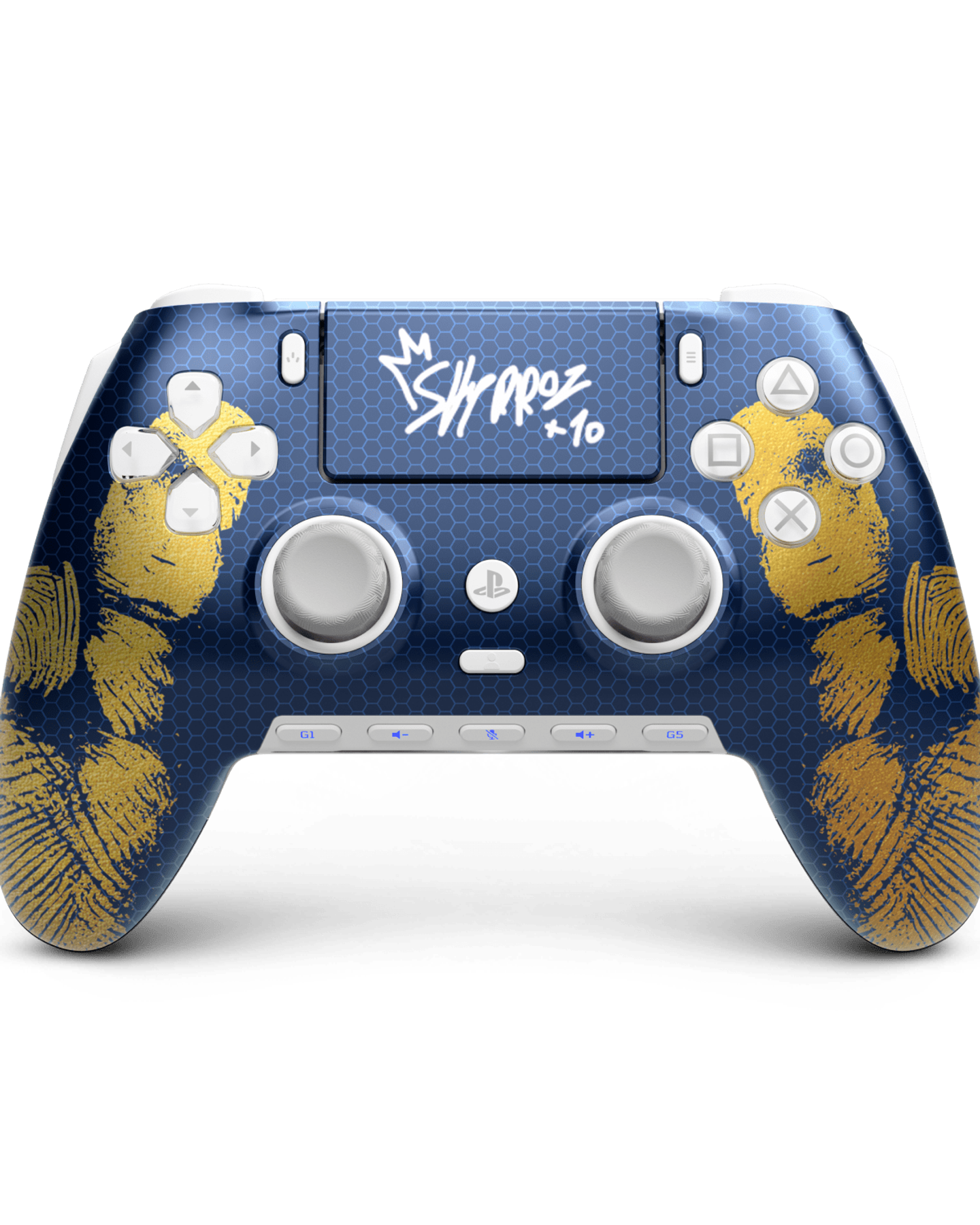 SCUF Omega Skyrroz controller from the front, navy faceplate with gold leaf pattern
