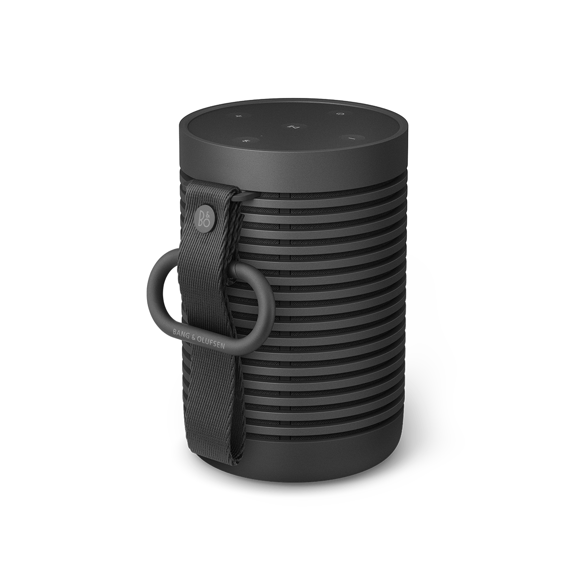 Beosound Explore in Black Anthracite with the strap and carabiner attached