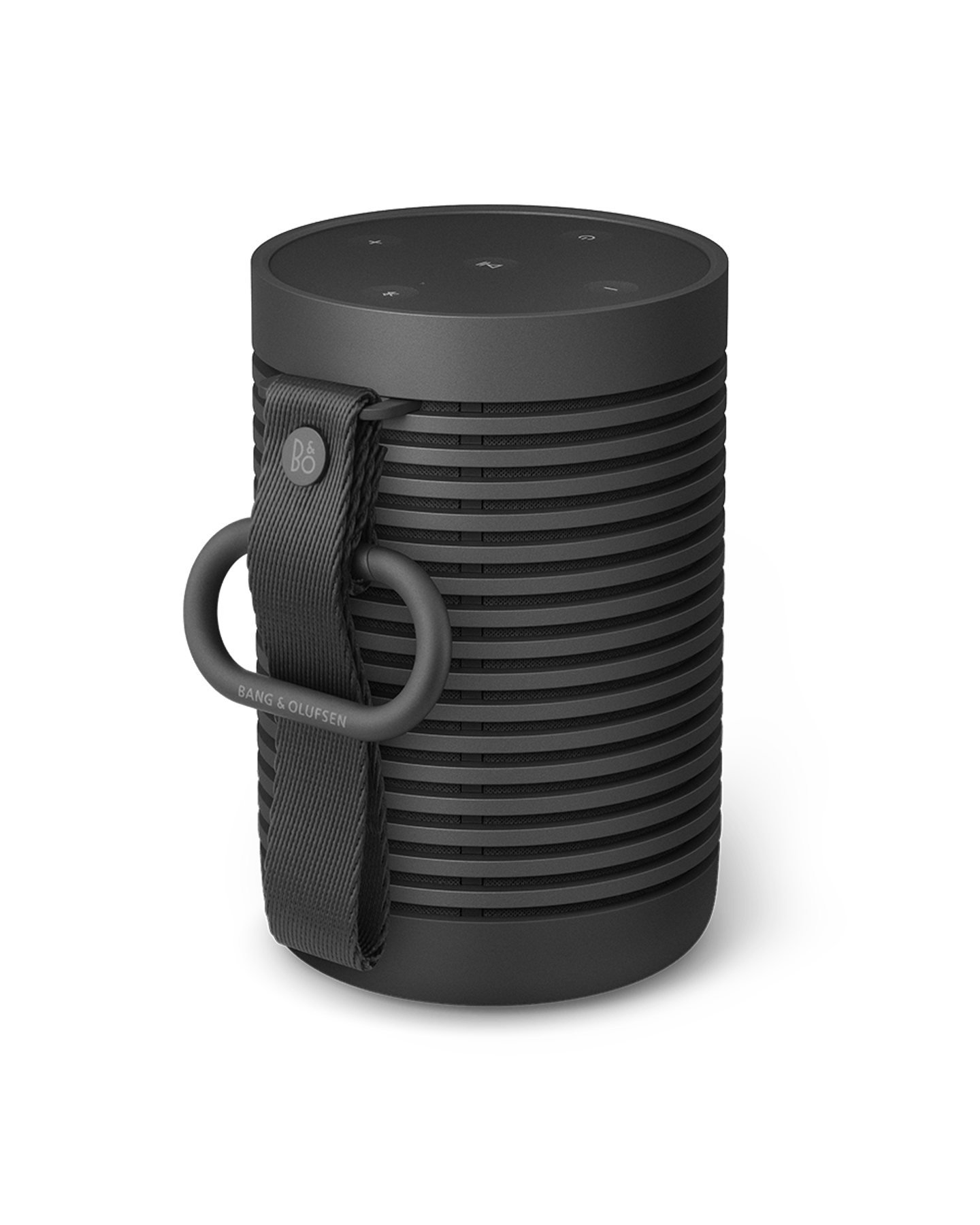 Beosound Explore in Black Anthracite with the strap and carabiner attached