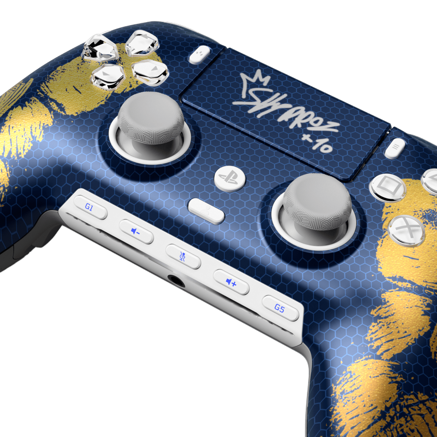 Close-up of the Skyrroz faceplate with gold accents and white thumbsticks