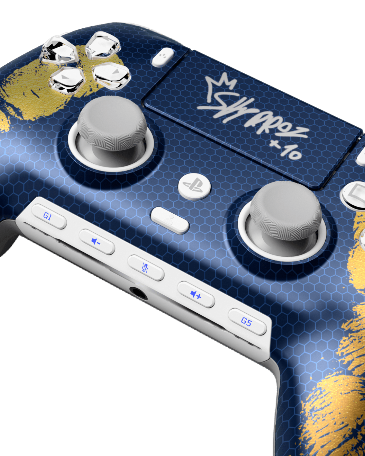 Close-up of the Skyrroz faceplate with gold accents and white thumbsticks