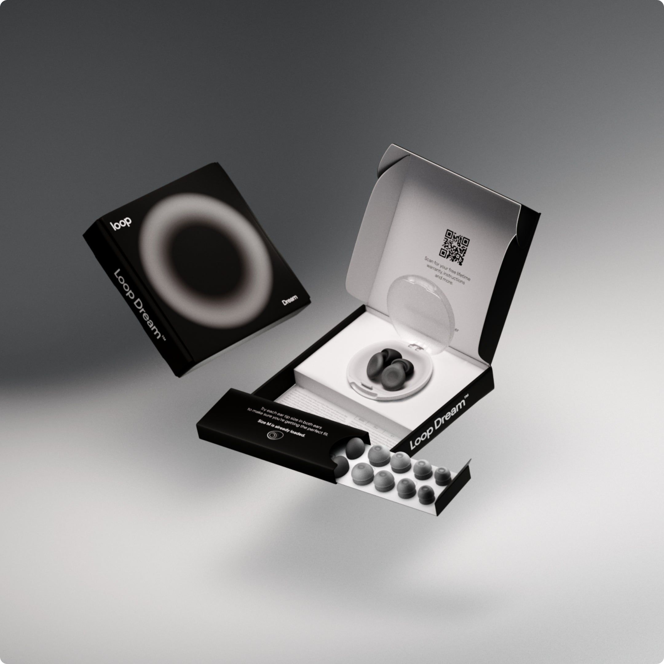 Loop Dream packaging opened to show the case and spare ear tips