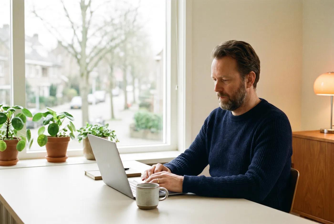 Professional werkt op een laptop bij een raam met uitzicht op een Nederlandse straat