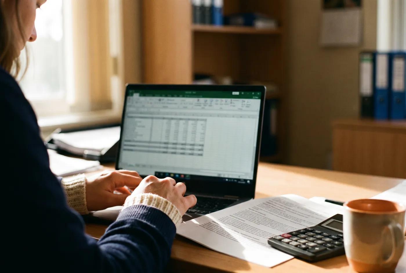 Handen die met een laptop, rapport en rekenmachine aan een bureau werken