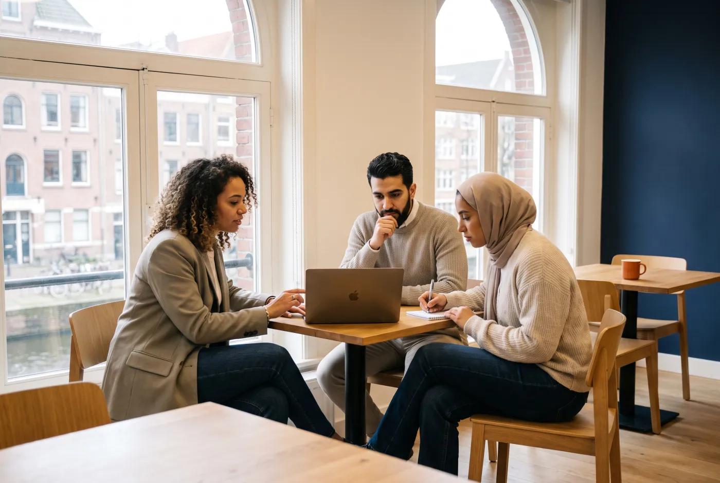 Drie jonge professionals overleggen achter een laptop in een licht kantoor