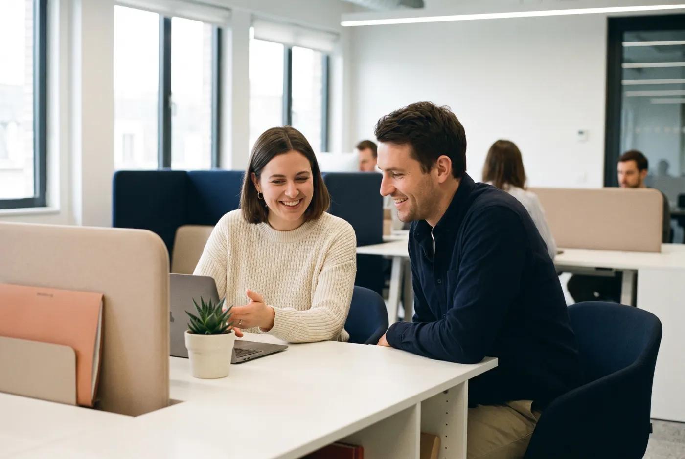 Twee collega's lachen samen achter een laptop op kantoor