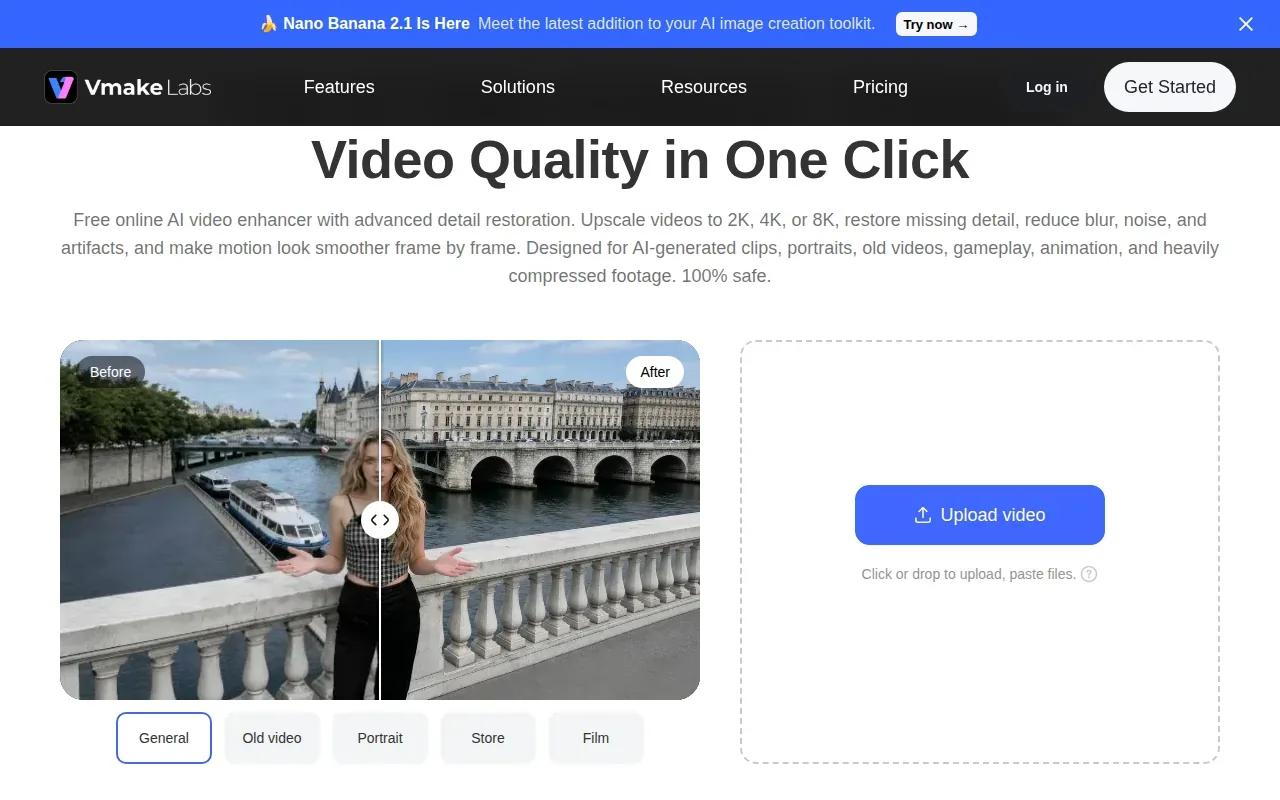 Screenshot of the Vmake AI Video Quality Enhancer website