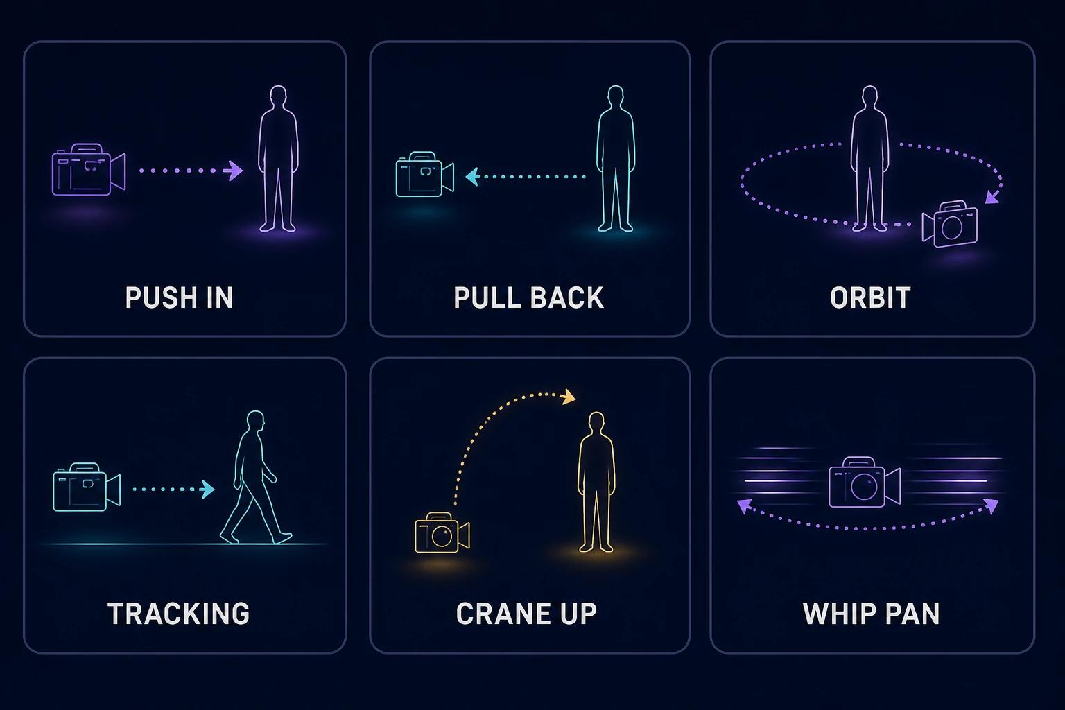 Cheat sheet of six camera moves: push in, pull back, orbit, tracking, crane up and whip pan