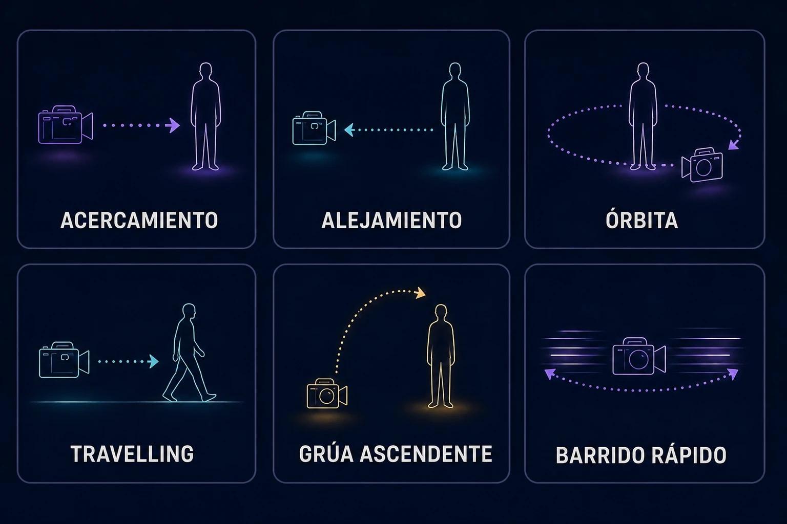 Chuleta de seis movimientos de cámara: acercamiento, alejamiento, órbita, travelling, grúa ascendente y barrido rápido