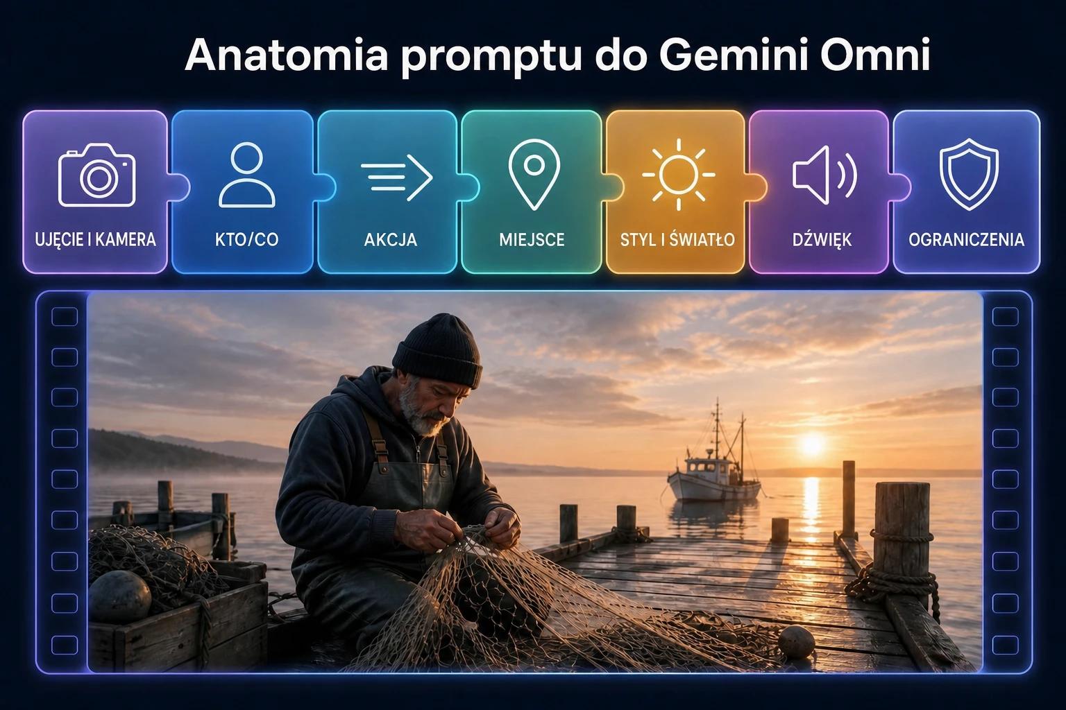 Infografika: siedem części promptu do Gemini Omni – ujęcie i kamera, kto/co, akcja, miejsce, styl i światło, dźwięk, ograniczenia