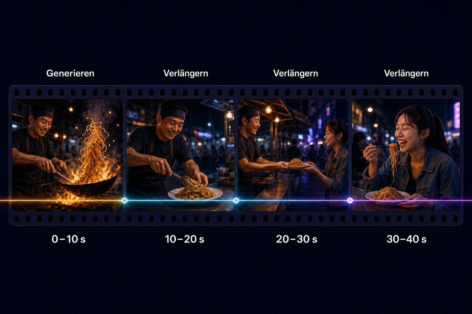 Filmstreifen-Zeitleiste in vier 10-Sekunden-Abschnitten, einer generiert und drei verlängert, die zusammen eine durchgehende Streetfood-Geschichte von bis zu 40 Sekunden erzählen