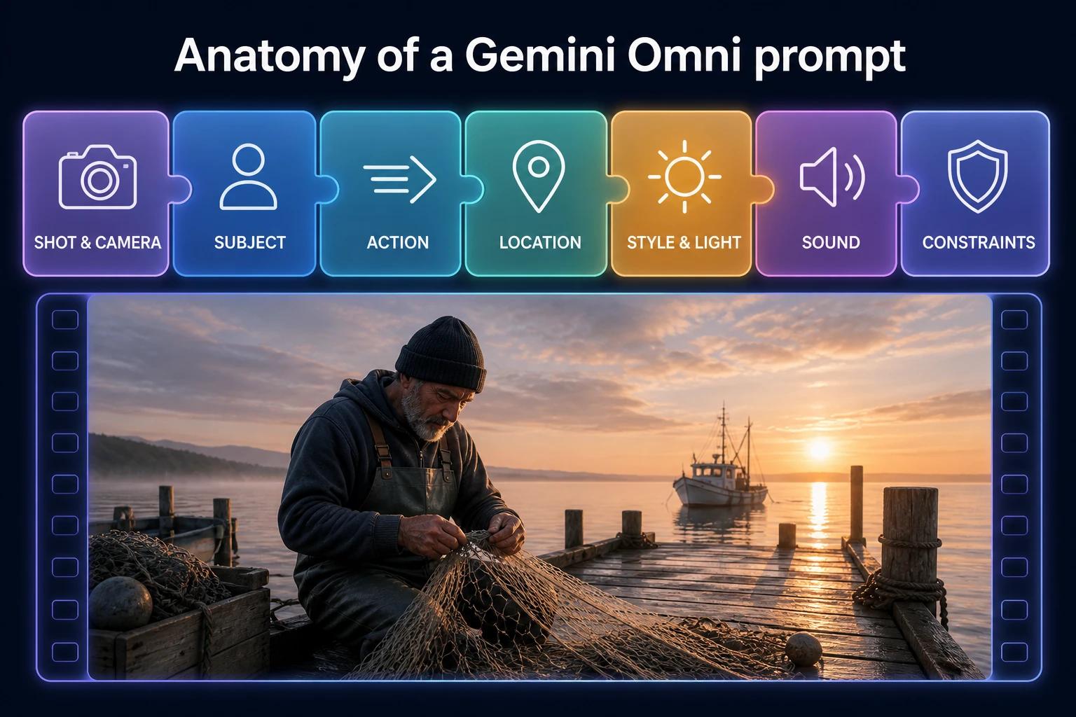 Infographic: the seven parts of a Gemini Omni prompt, shot and camera, subject, action, location, style and light, sound, constraints