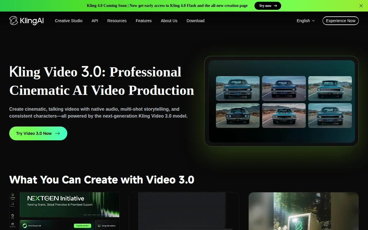 Screenshot of the Kling VIDEO 3.0 website