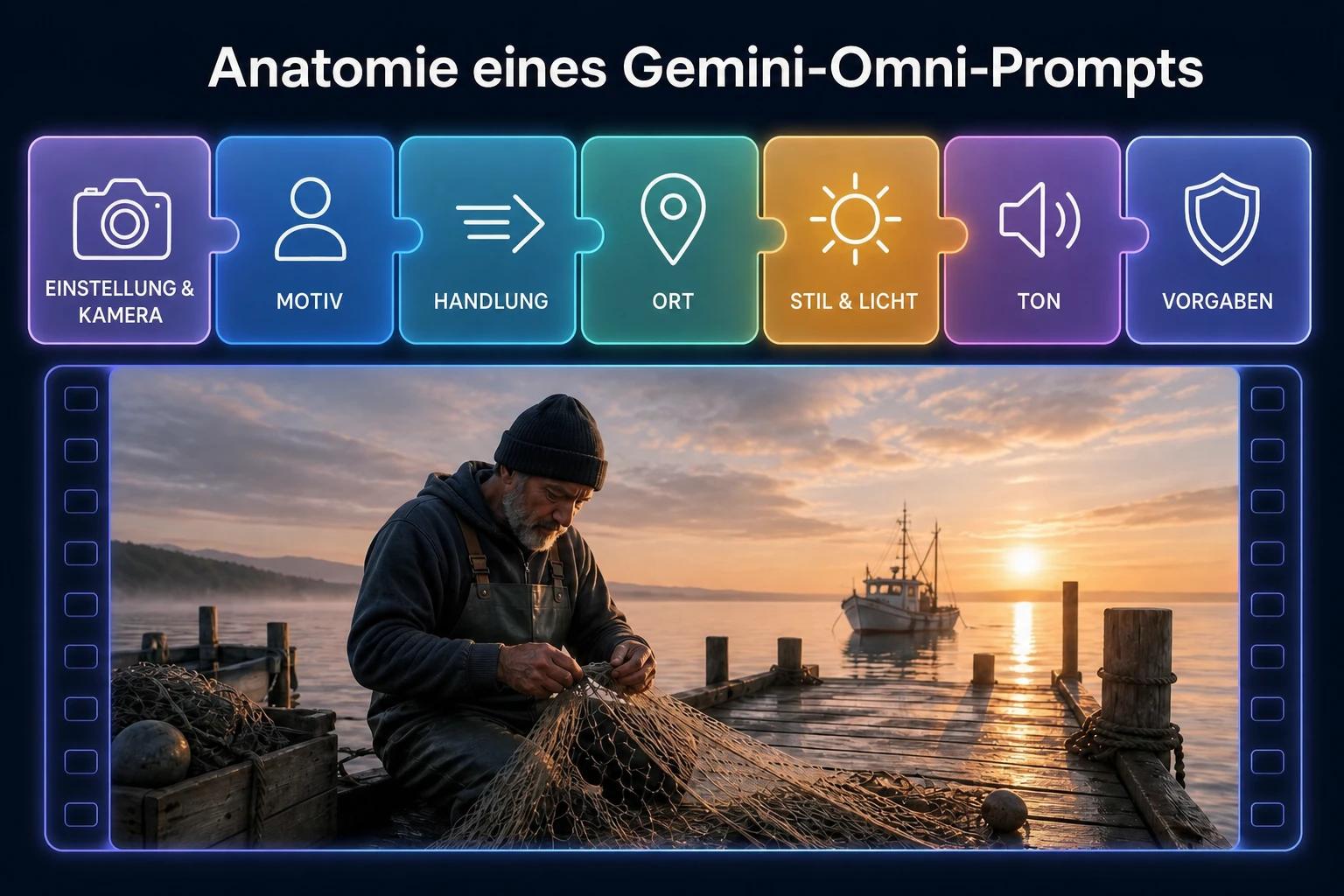 Infografik: die sieben Bausteine eines Gemini-Omni-Prompts – Einstellung und Kamera, Motiv, Handlung, Ort, Stil und Licht, Ton, Vorgaben