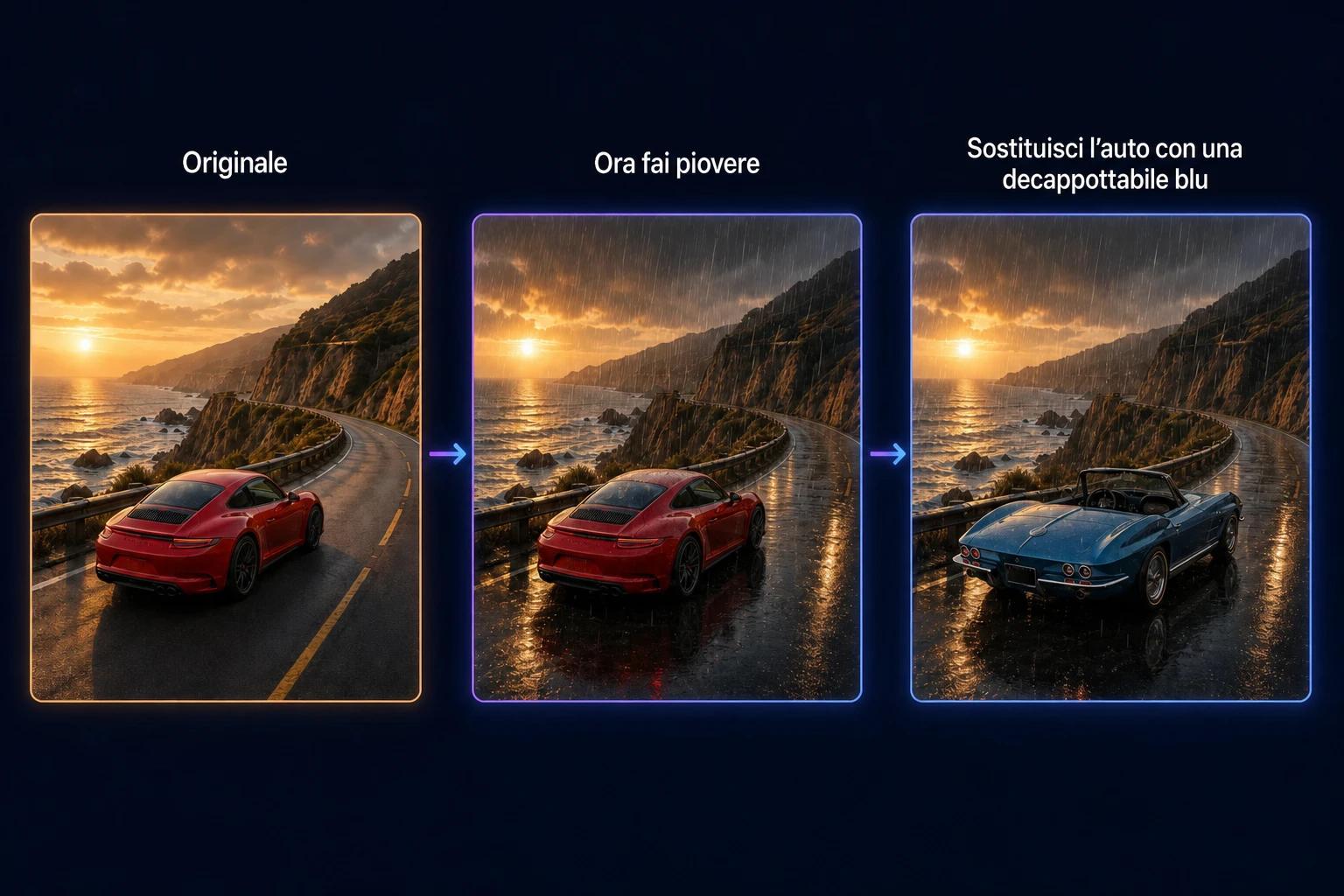 Tre fotogrammi della stessa strada costiera: l'originale con un'auto rossa, la stessa scena sotto la pioggia, poi l'auto rossa sostituita da una decappottabile blu