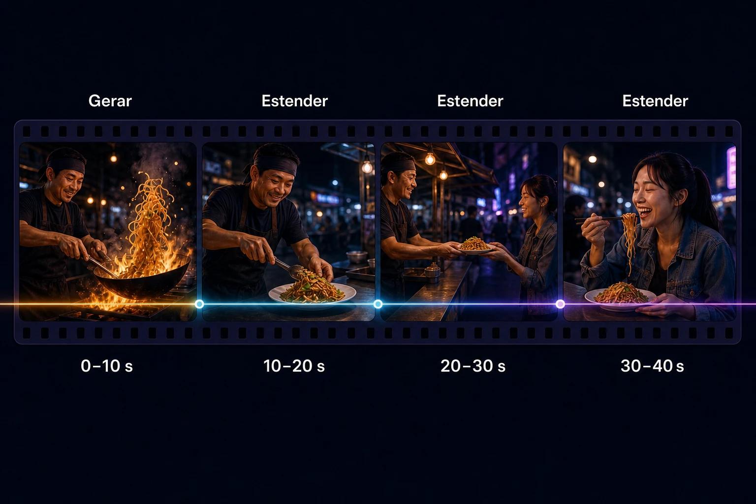 Linha do tempo em forma de tira de filme com quatro trechos de 10 segundos, um gerado e três estendidos, contando uma história contínua de comida de rua com até 40 segundos