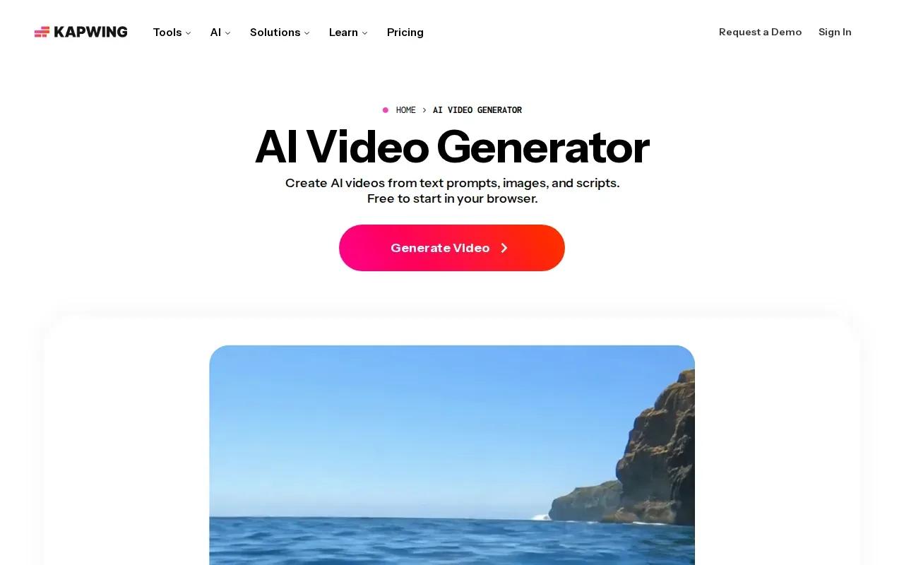 Screenshot of the Kapwing AI Video Generator website