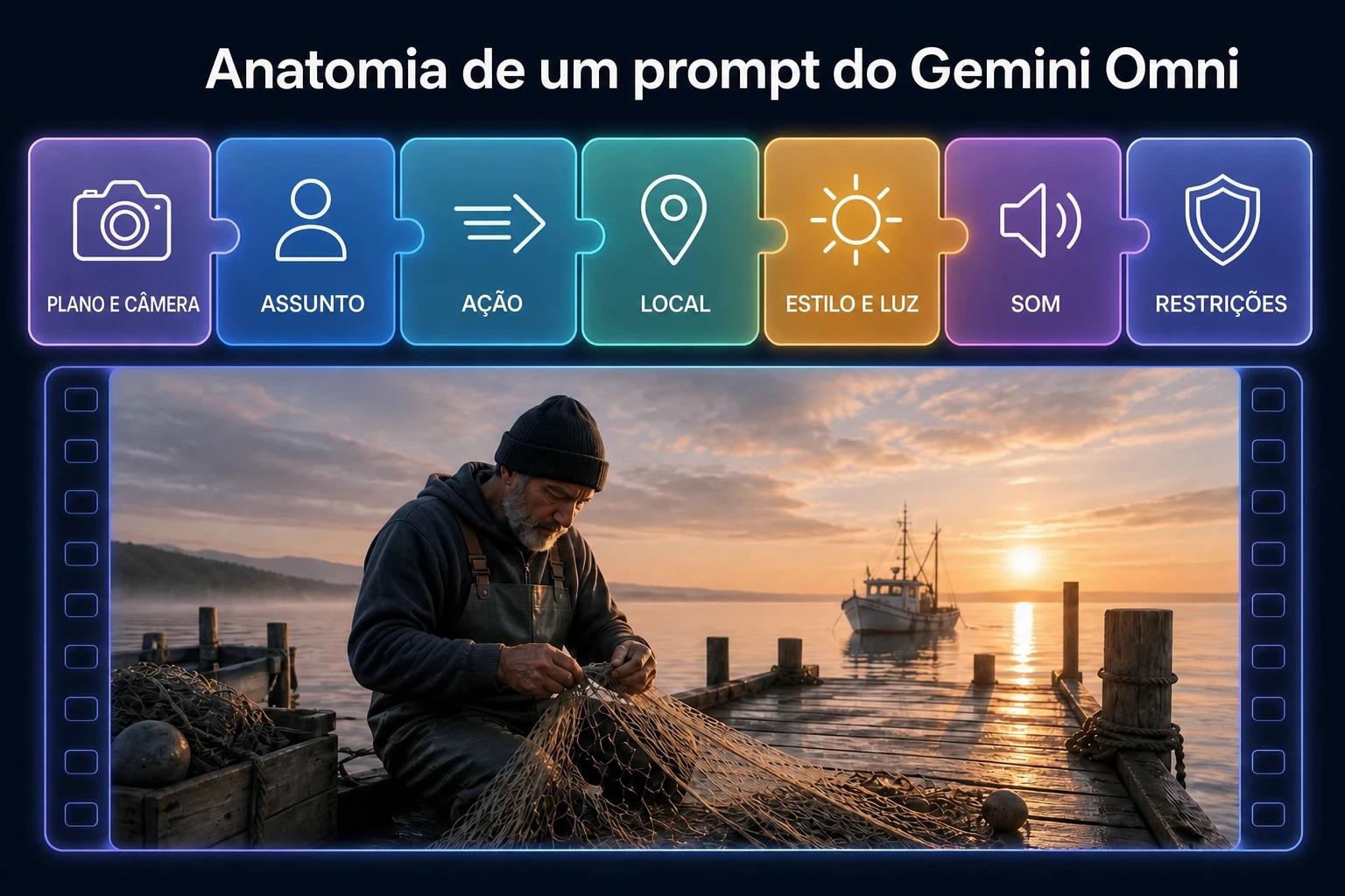 Infográfico: as sete partes de um prompt do Gemini Omni: plano e câmera, assunto, ação, local, estilo e luz, som, restrições