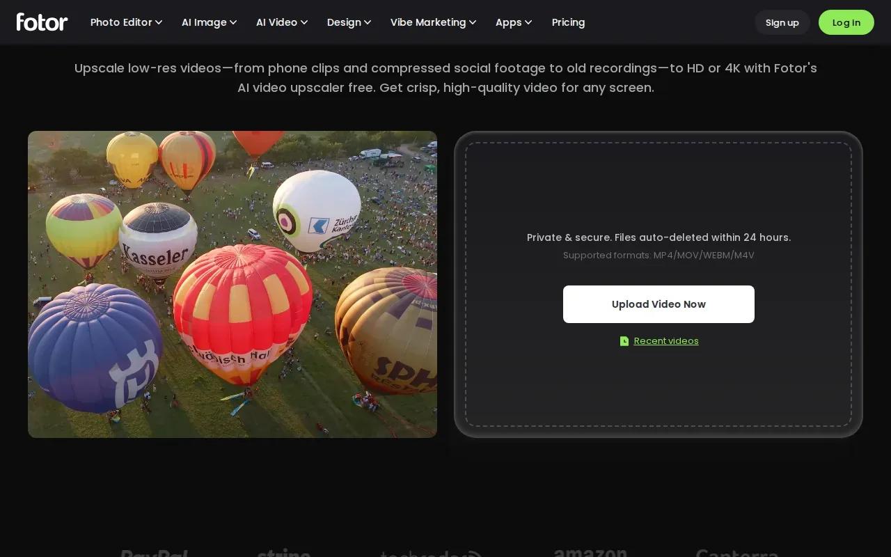 Screenshot of the Fotor AI Video Enhancer website