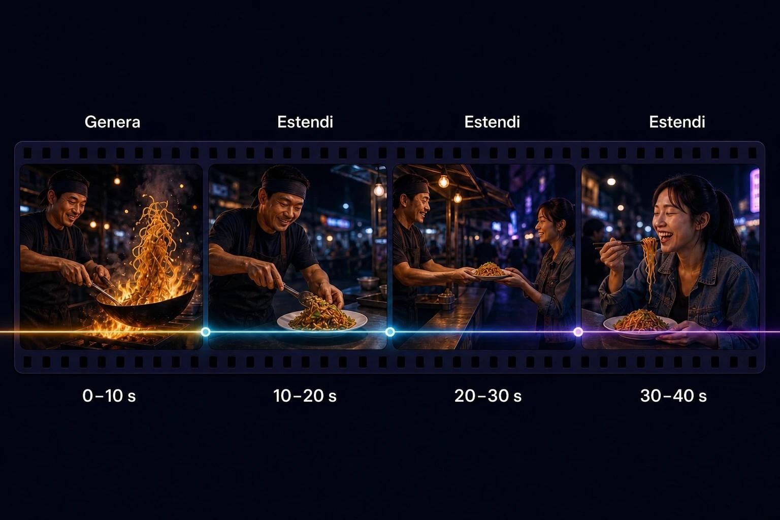 Timeline a pellicola in quattro segmenti da 10 secondi, uno generato e tre estesi, che raccontano un'unica storia di street food fino a 40 secondi