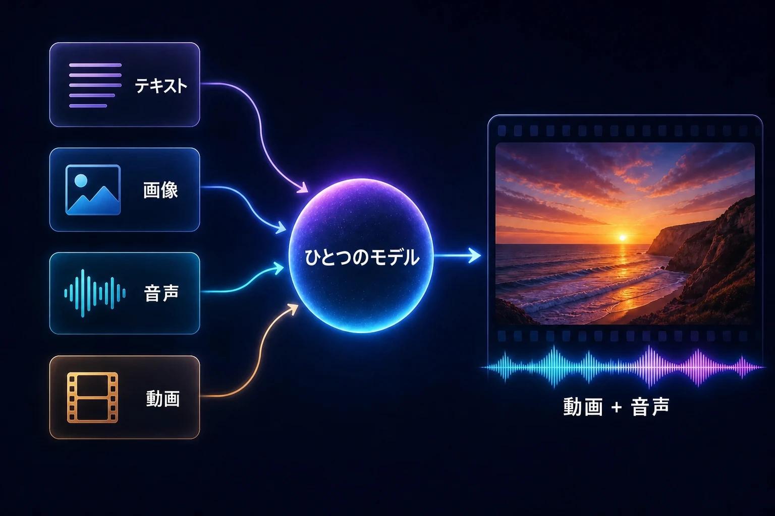 図：テキスト・画像・音声・動画の入力がひとつのモデルに集まり、音声付きの動画として出力される様子