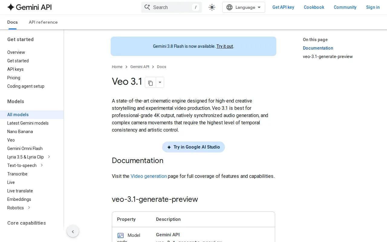 Screenshot of the Google Veo 3.1 website