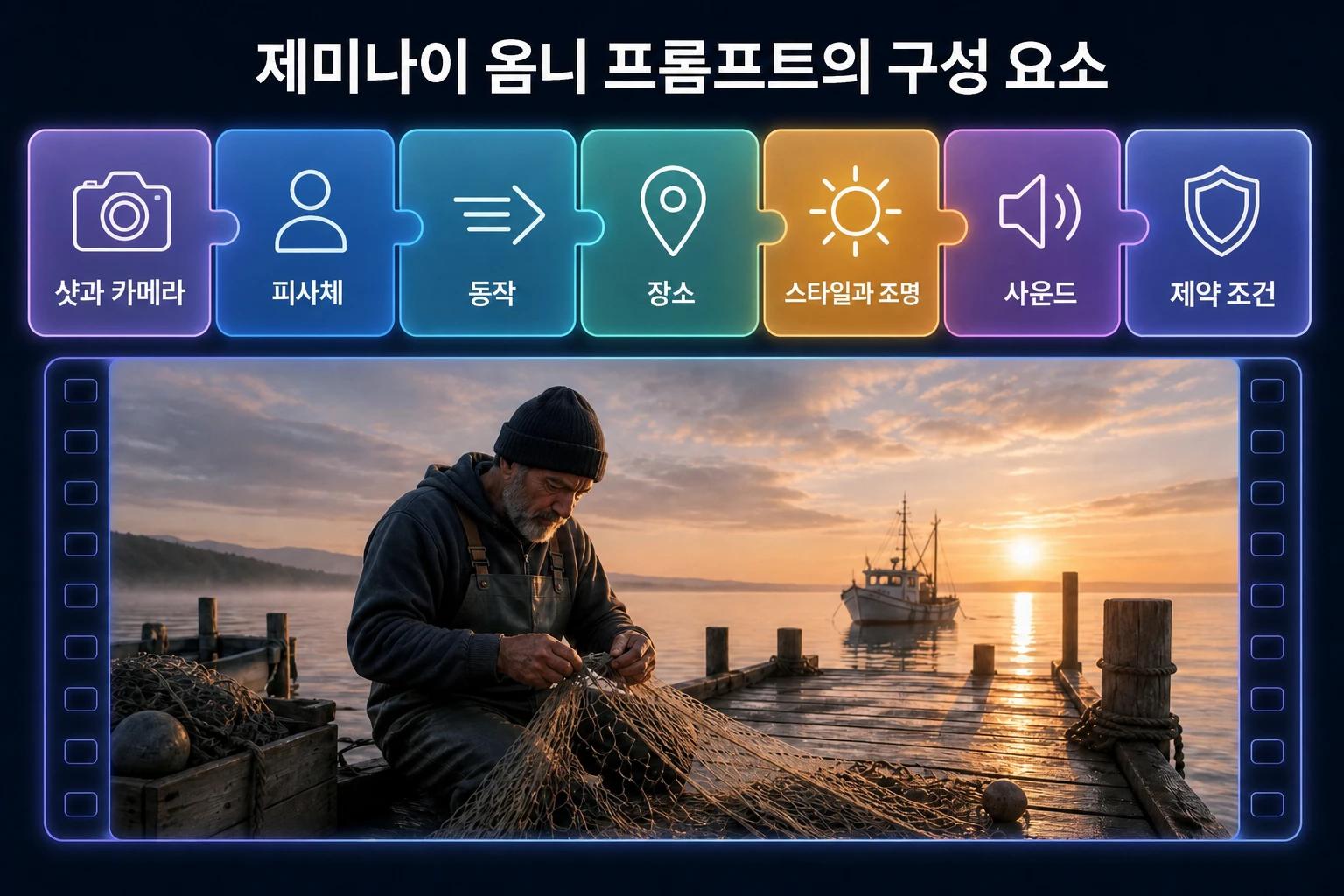 인포그래픽: 제미나이 옴니 프롬프트의 일곱 가지 요소. 샷과 카메라, 피사체, 동작, 장소, 스타일과 조명, 사운드, 제약 조건